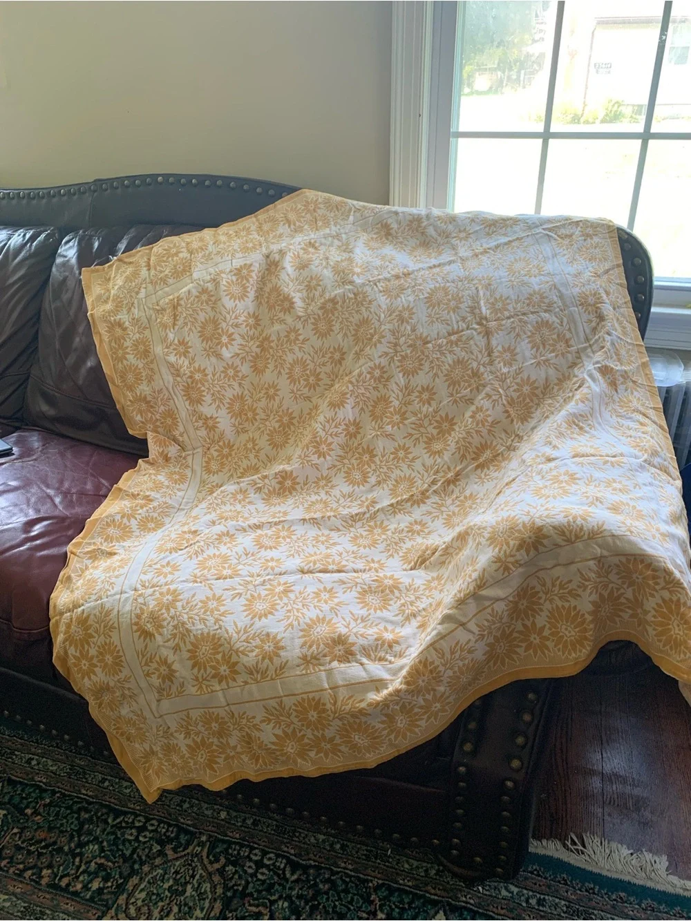 Vintage Yellow Floral Block Print Cotton Tablecloth Throw 55”x47”